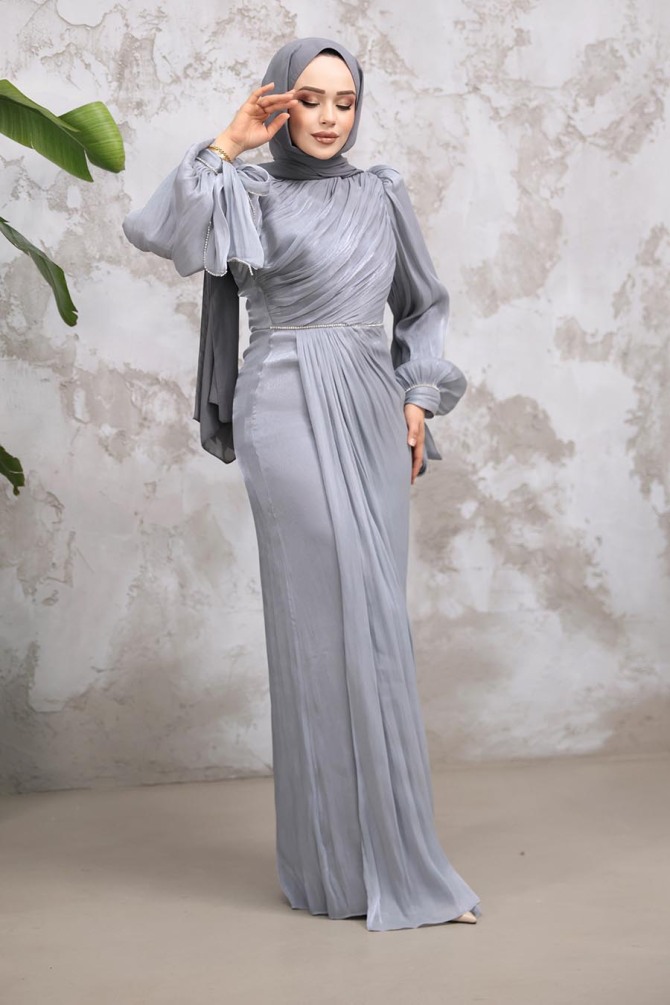 - Drape Detaylı Gri Tesettür Abiye Elbise 50193GR - 2