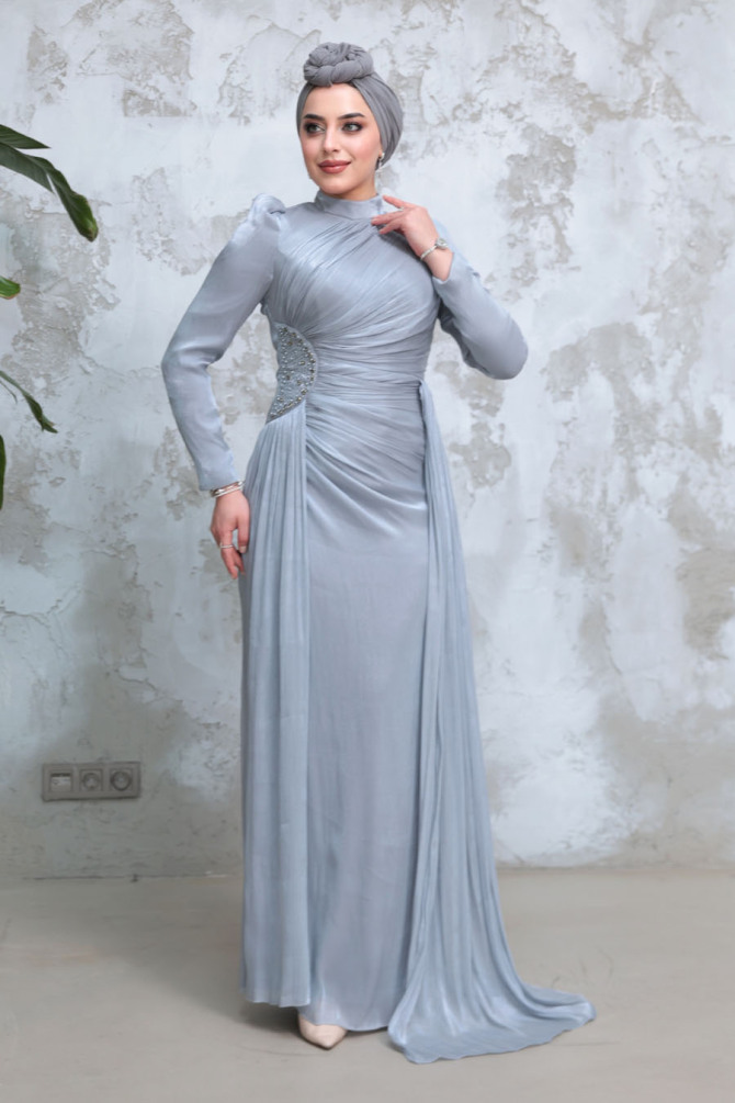 Drape Detaylı Gri Tesettür Abiye Elbise 51481GR - 1