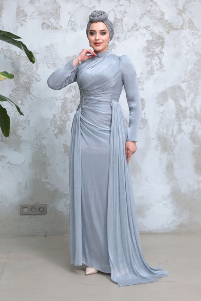 Drape Detaylı Gri Tesettür Abiye Elbise 51481GR - 2