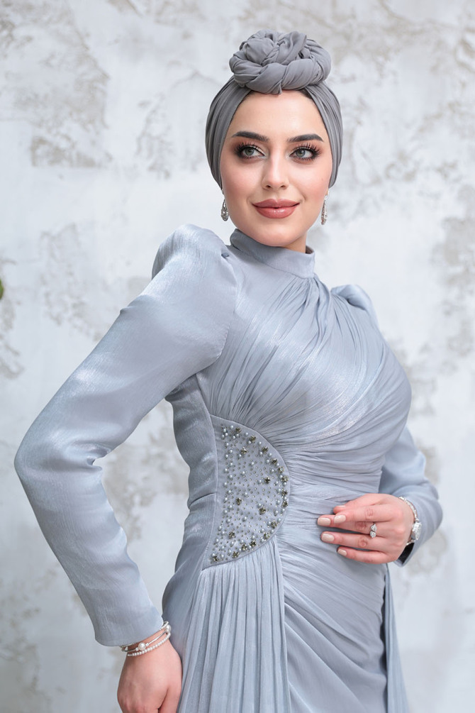 Drape Detaylı Gri Tesettür Abiye Elbise 51481GR - 3