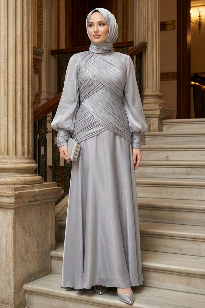  Drape Detaylı Gri Tesettür Abiye Elbise 55821GR - 1