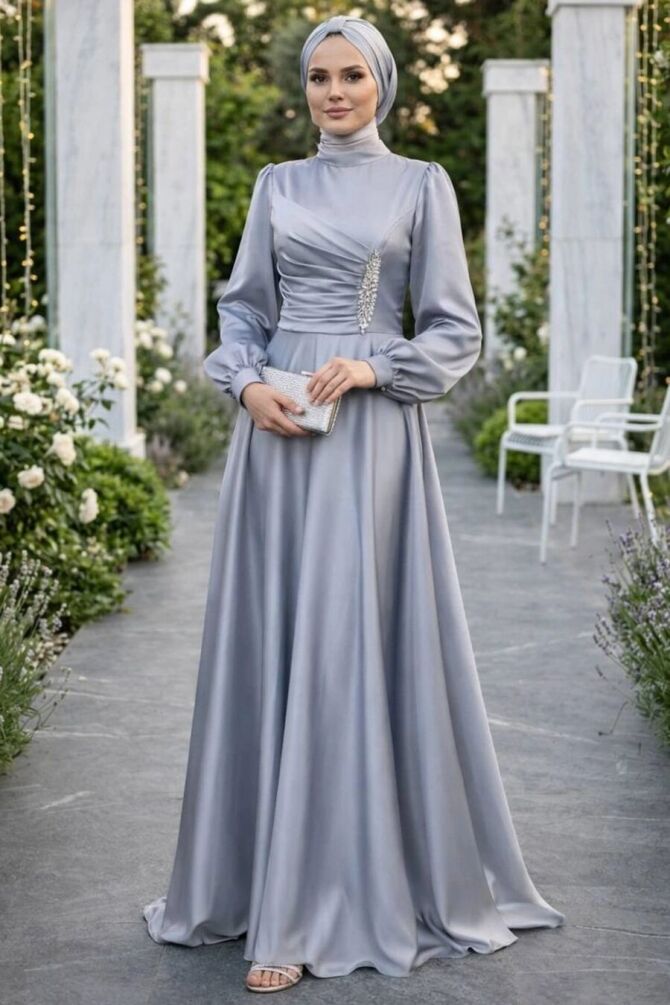 Drape Detaylı Gri Tesettür Saten Abiye Elbise 6261GR - 1