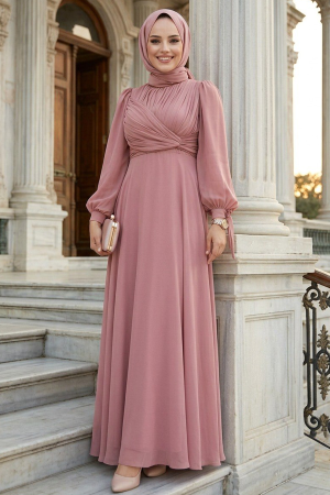  Drape Detaylı Gül Kurusu Tesettür Abiye Elbise 4823GK 