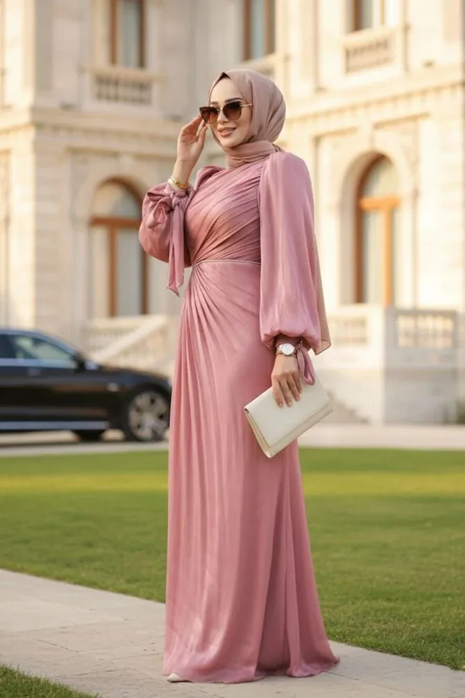 Drape Detaylı Gül Kurusu Tesettür Abiye Elbise 50193GK - 1