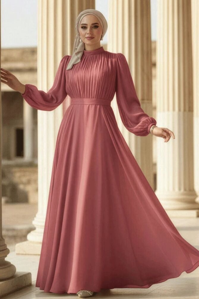 Drape Detaylı Gül Kurusu Tesettür Abiye Elbise 51072GK - 1