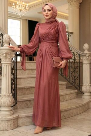 - Drape Detaylı Gül Kurusu Tesettür Abiye Elbise 52285GK 