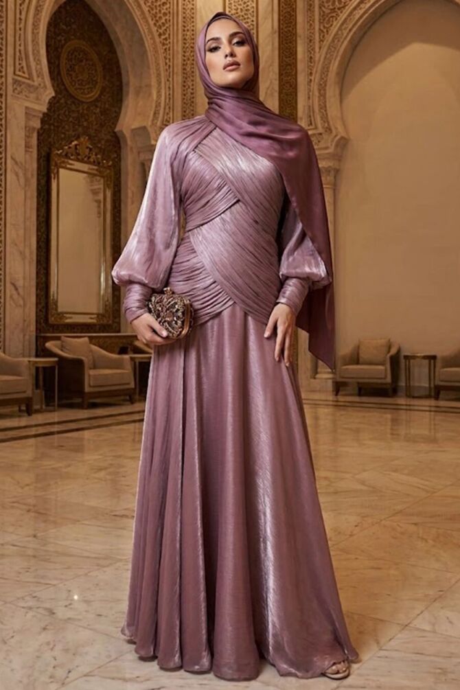  Drape Detaylı Gül Kurusu Tesettür Abiye Elbise 55821GK - 1