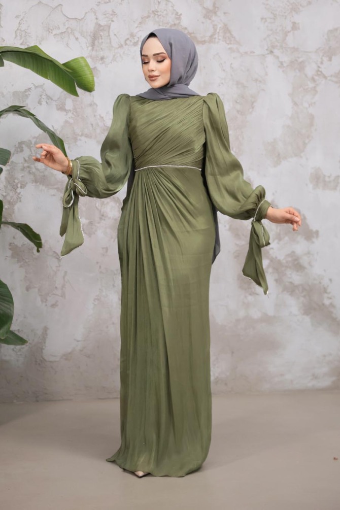 Drape Detaylı Haki Tesettür Abiye Elbise 50193HK - 1