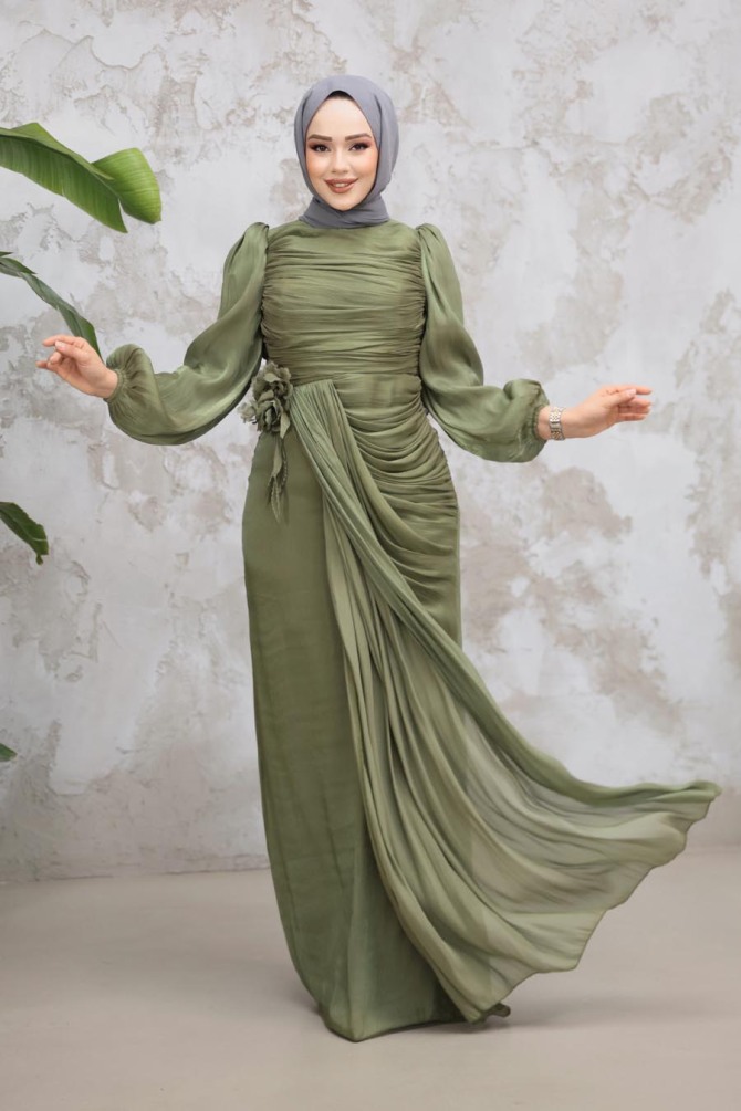 Drape Detaylı Haki Tesettür Abiye Elbise 51203HK - 2