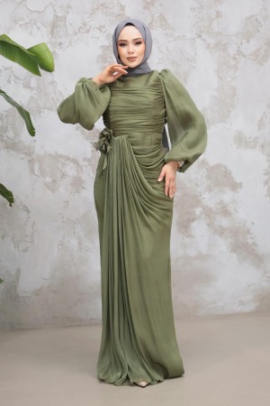 Drape Detaylı Haki Tesettür Abiye Elbise 51203HK - 3