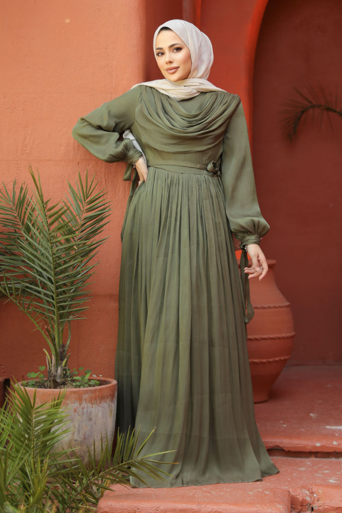 Drape Detaylı Haki Tesettür Elbise 44591HK - 2
