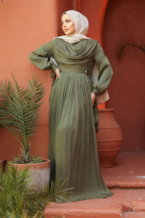 Drape Detaylı Haki Tesettür Elbise 44591HK - 3