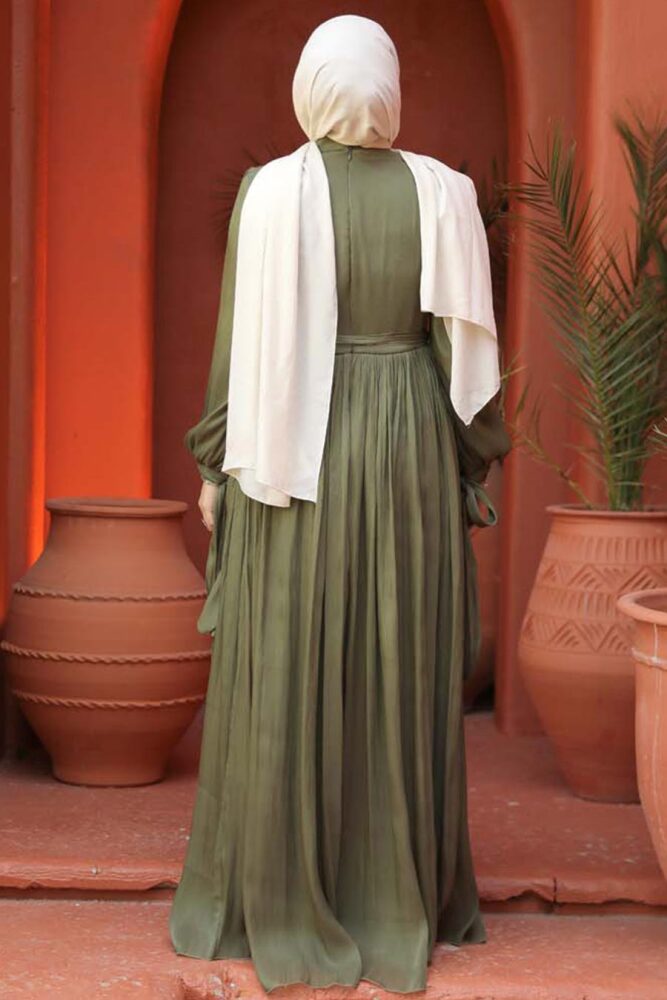 Drape Detaylı Haki Tesettür Elbise 44591HK - 4