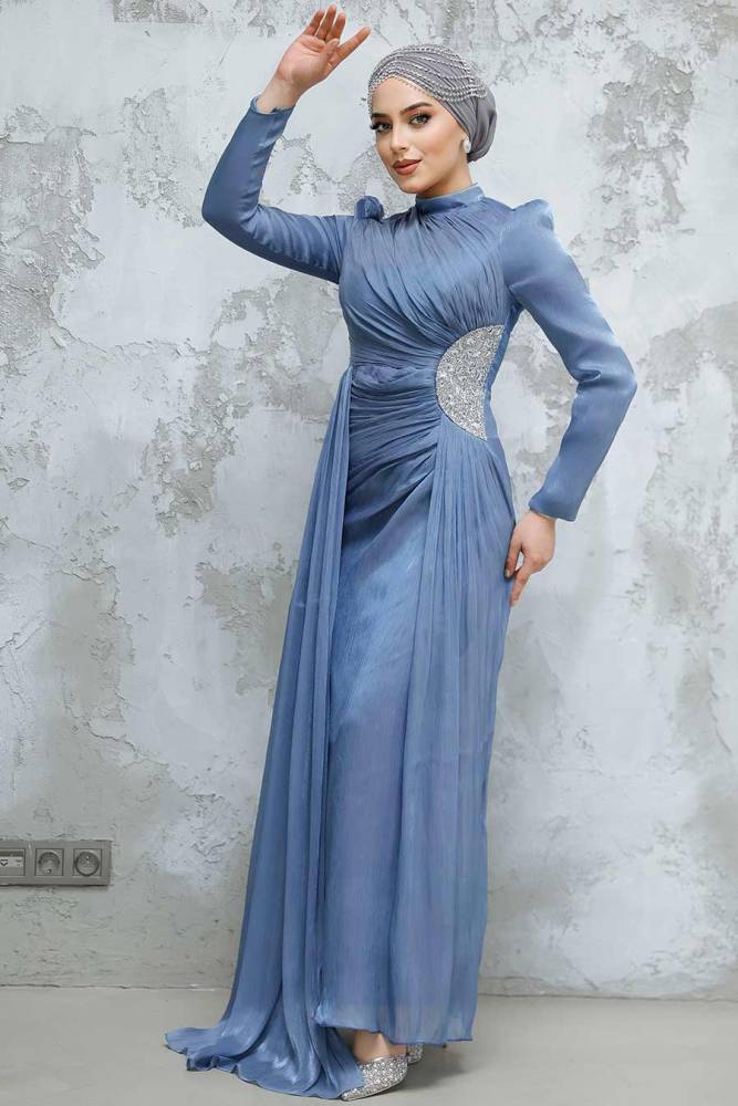 Drape Detaylı İndigo Mavisi Tesettür Abiye Elbise 4919IM - 2