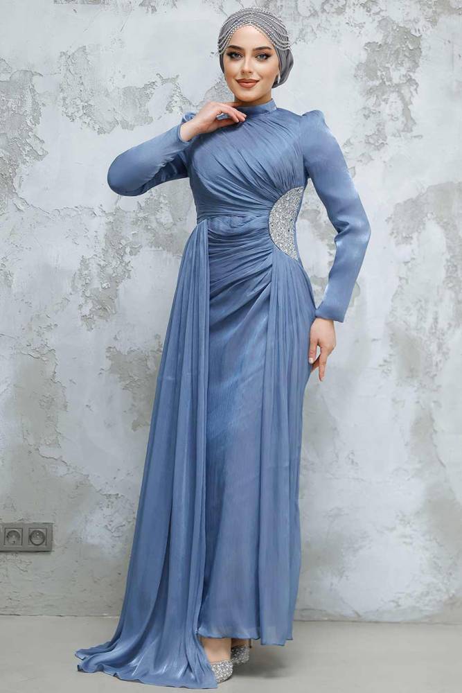 Drape Detaylı İndigo Mavisi Tesettür Abiye Elbise 4919IM - 1