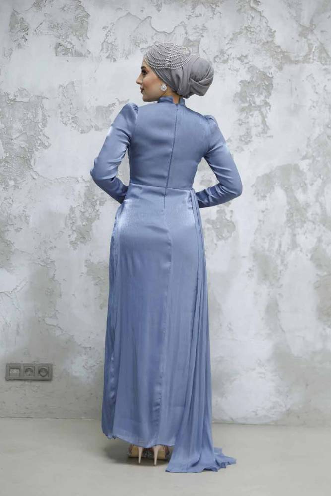 Drape Detaylı İndigo Mavisi Tesettür Abiye Elbise 4919IM - 3