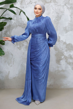 Drape Detaylı İndigo Mavisi Tesettür Abiye Elbise 4934IM - 1