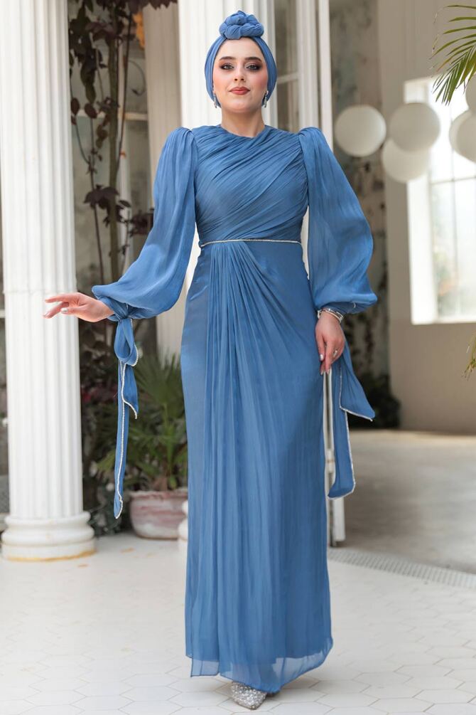 Drape Detaylı İndigo Mavisi Tesettür Abiye Elbise 50193IM - 2