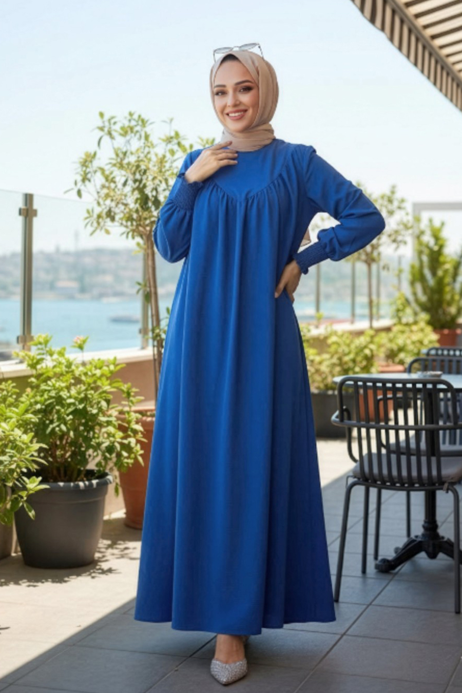 Drape Detaylı İndigo Mavisi Tesettür Elbise 23211IM