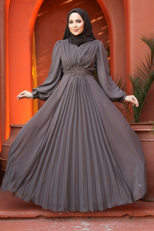 Drape Detaylı Kahverengi Tesettür Abiye Elbise 4448KH - 2