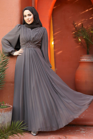 Drape Detaylı Kahverengi Tesettür Abiye Elbise 4448KH - 3