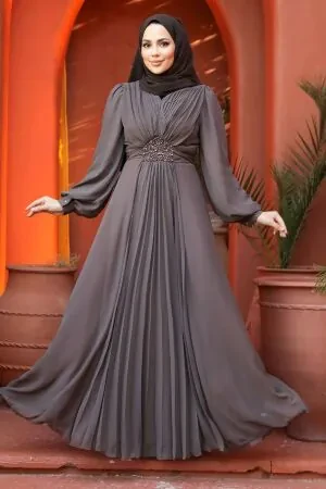 Drape Detaylı Kahverengi Tesettür Abiye Elbise 4448KH 