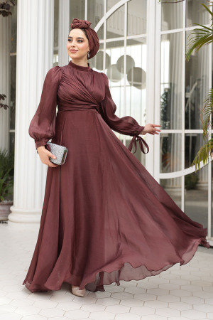 Drape Detaylı Kahverengi Tesettür Abiye Elbise 4823KH 