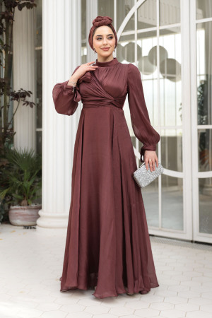 Drape Detaylı Kahverengi Tesettür Abiye Elbise 4823KH - 2