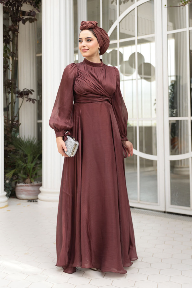 Drape Detaylı Kahverengi Tesettür Abiye Elbise 4823KH - 3