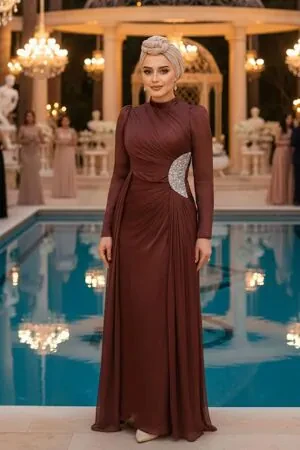 - Drape Detaylı Kahverengi Tesettür Abiye Elbise 4919KH 