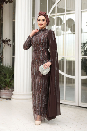 Drape Detaylı Kahverengi Tesettür Abiye Elbise 49741KH 