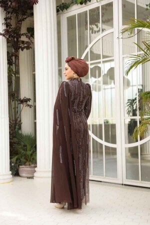 Drape Detaylı Kahverengi Tesettür Abiye Elbise 49741KH - 5