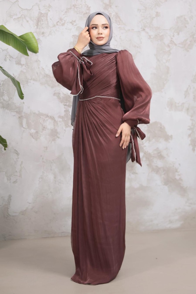  Drape Detaylı Kahverengi Tesettür Abiye Elbise 50193KH - 1