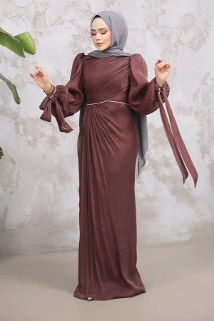  Drape Detaylı Kahverengi Tesettür Abiye Elbise 50193KH - 2