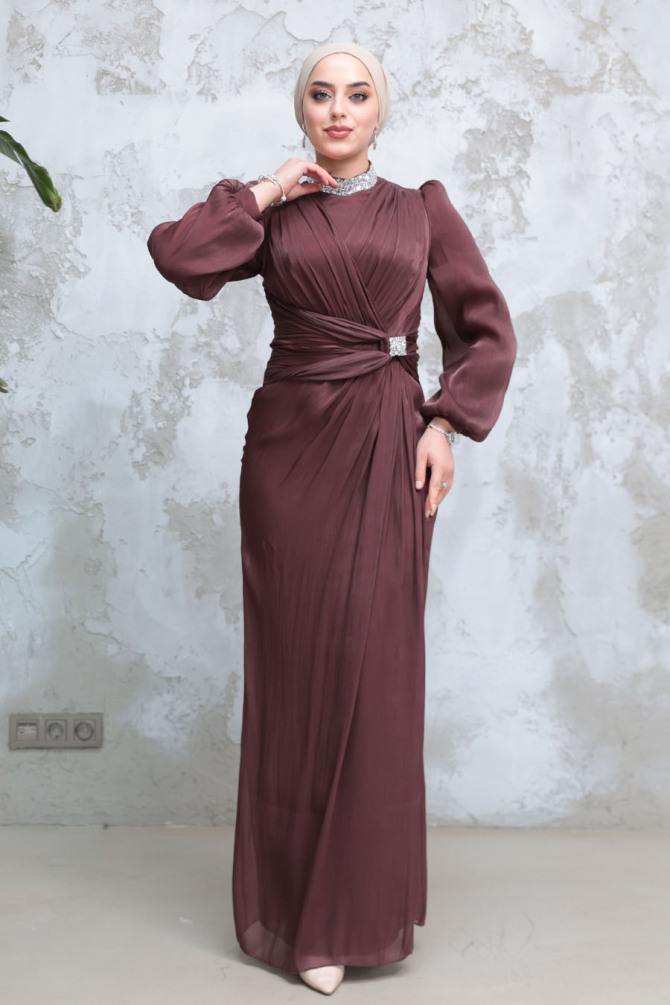 Drape Detaylı Kahverengi Tesettür Abiye Elbise 50581KH - 2