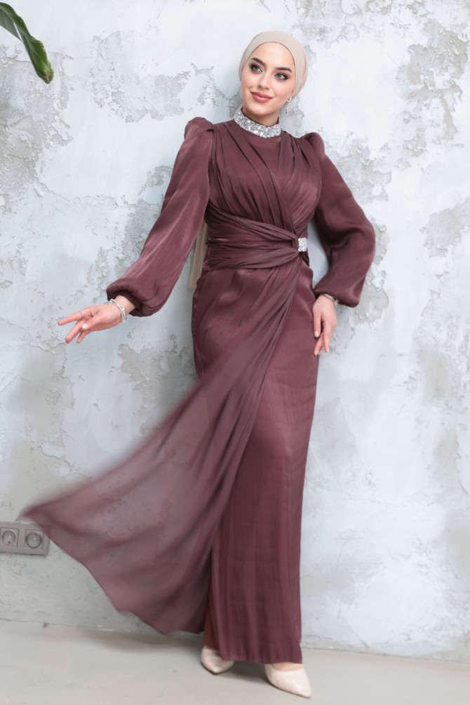 Drape Detaylı Kahverengi Tesettür Abiye Elbise 50581KH - 1