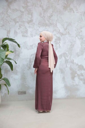 Drape Detaylı Kahverengi Tesettür Abiye Elbise 50581KH - 3