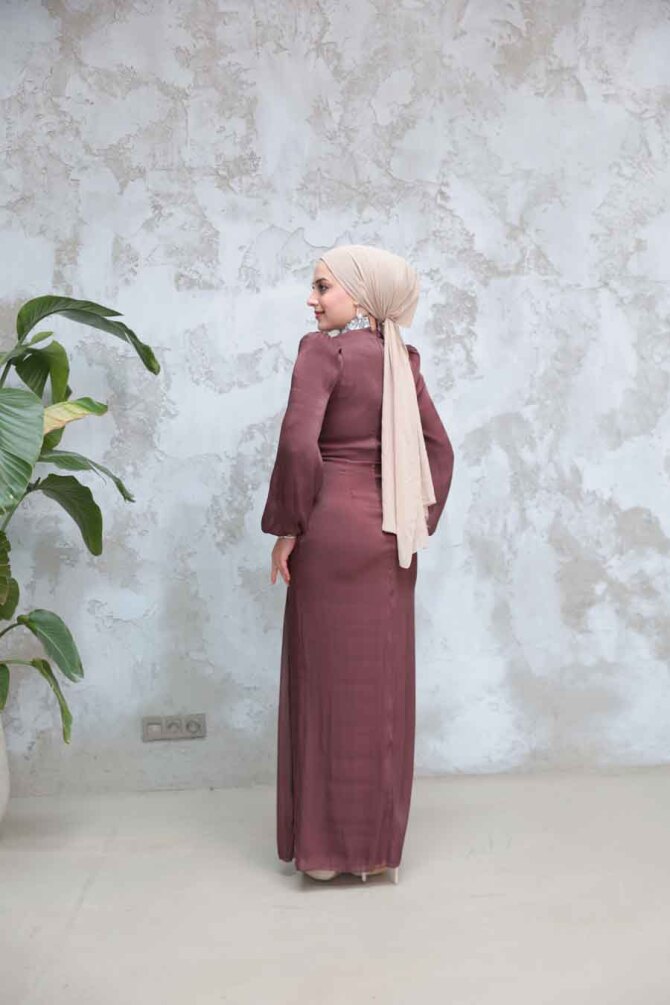 Drape Detaylı Kahverengi Tesettür Abiye Elbise 50581KH - 3