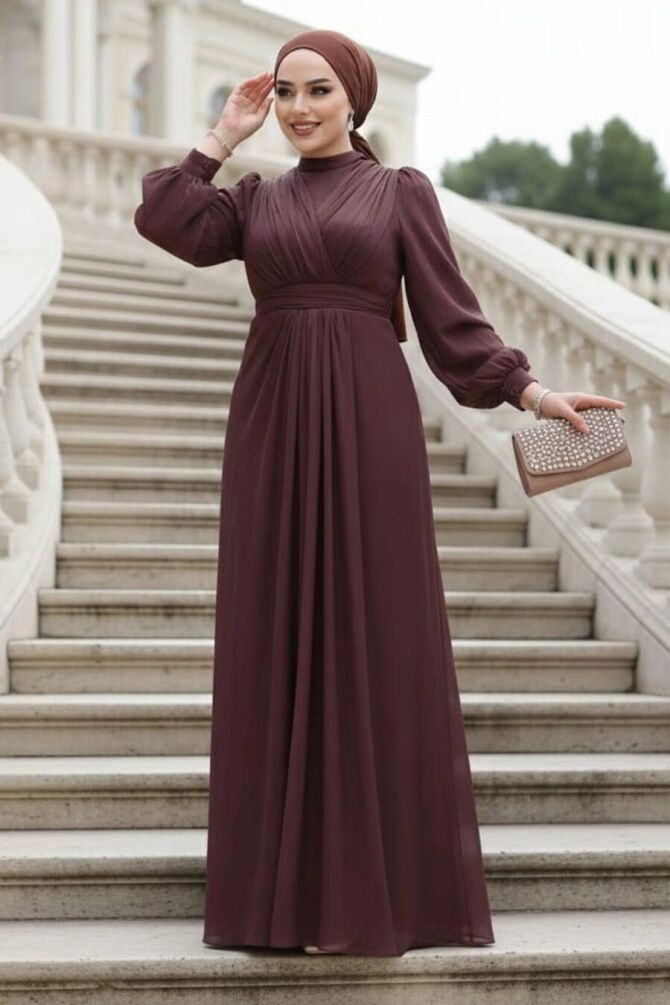 Drape Detaylı Kahverengi Tesettür Abiye Elbise 50921KH - 1