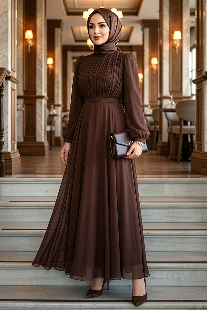 Drape Detaylı Kahverengi Tesettür Abiye Elbise 51072KH - 1