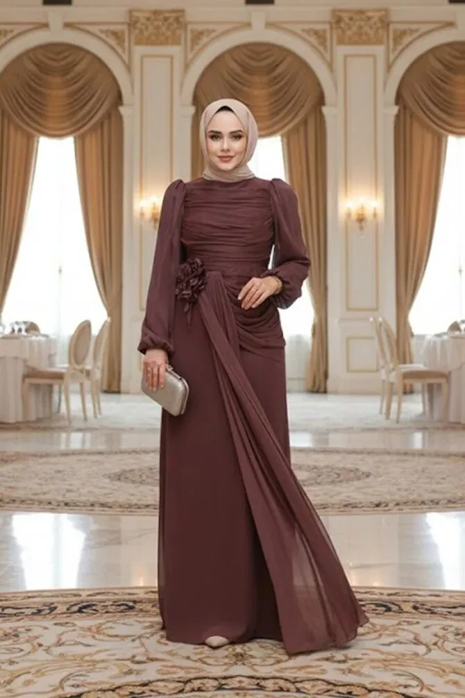 Drape Detaylı Kahverengi Tesettür Abiye Elbise 51203KH - 1