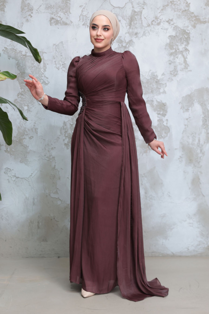  Drape Detaylı Kahverengi Tesettür Abiye Elbise 51481KH - 1