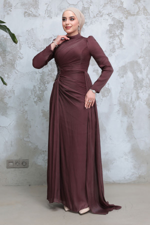  Drape Detaylı Kahverengi Tesettür Abiye Elbise 51481KH - 2