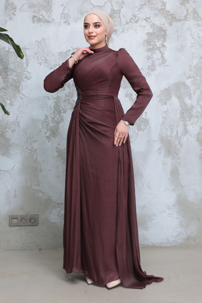  Drape Detaylı Kahverengi Tesettür Abiye Elbise 51481KH - 2