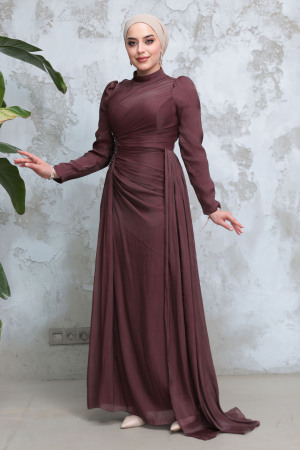  Drape Detaylı Kahverengi Tesettür Abiye Elbise 51481KH - 3