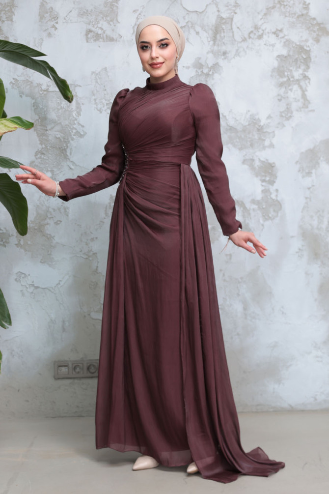  Drape Detaylı Kahverengi Tesettür Abiye Elbise 51481KH - 3