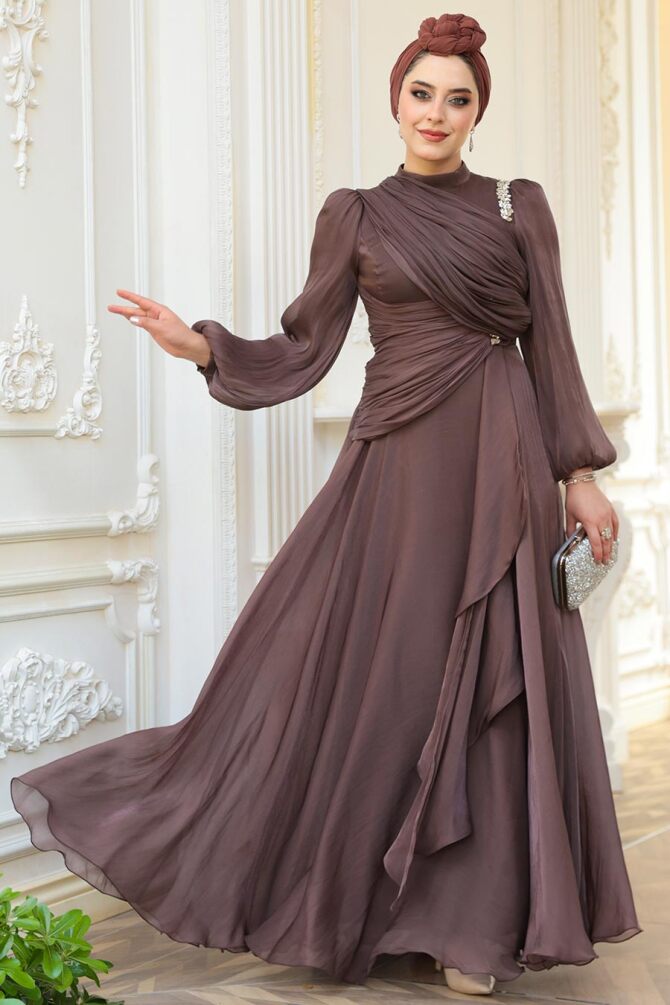 Drape Detaylı Kahverengi Tesettür Abiye Elbise 51641KH - 2