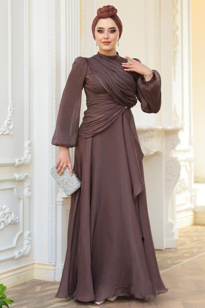 Drape Detaylı Kahverengi Tesettür Abiye Elbise 51641KH - 3