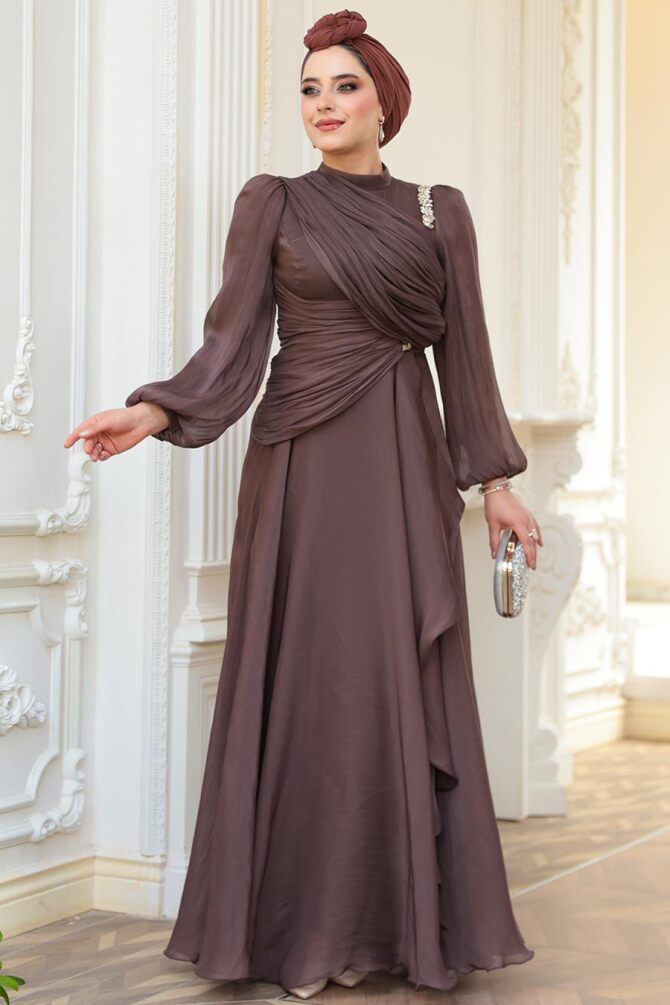 Drape Detaylı Kahverengi Tesettür Abiye Elbise 51641KH - 1