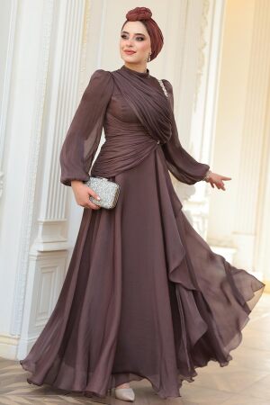 Drape Detaylı Kahverengi Tesettür Abiye Elbise 51641KH - 5